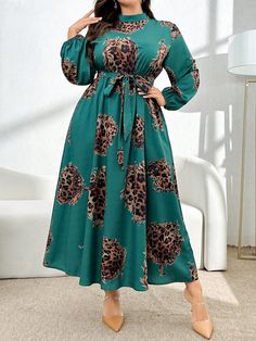 Plus Size Women  Leopard Print V-Neck Lantern Sleeve Long Elegant Dress, Casual Modest A Line Loose Dresses Green Elegant  Long Sleeve Woven Fabric Leopard Print,Textured Pattern A Line Non-Stretch  Women Plus Clothing, size features are:Bust: ,Length: ,Sleeve Length: Plus Size Dresses Modest, Elegant Dress Casual, Long Elegant Dress, Loose Dresses, Modest Dresses Casual, Printed Shirt Dress, Elegant Dresses Long, Boho Casual, Cute Skirts