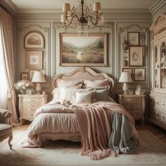 a large bed sitting in a bedroom next to a chandelier