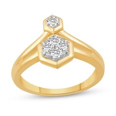 Redefine your style with the clever look of this diamond hexagon duo ring in 14K gold. Crafted in 14K gold Multi-sized round diamonds shimmer in a hexagon-shaped composite centered along one ribbon. The other side shimmers with a single diamond in a hexagon-shaped frame. This split-shank ring captivates with 1/3 ct. t.w. of diamonds. Hexagon Ring With Single Cut Diamonds For Anniversary, Hexagon Diamond Ring For Formal Occasions, Hexagon Diamond Ring For Formal Events, Yellow Gold Hexagon Rings For Anniversary, Octagon Yellow Gold Promise Diamond Ring, Gold Diamond Hexagon Ring, Hexagon Diamond Ring For Promise, Hexagon Yellow Gold Diamond Ring, Hexagonal Yellow Gold Diamond Ring