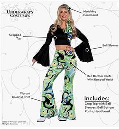 This 3-piece hippie costume is perfect for 60's and 70's parties, Halloween, theatrical productions, festivals and more! Includes a black Bohemian hippie crop top with bell sleeves, bell bottoms in blue, green, black and other color swirls and a matching headwrap. Other costumes and accessories (wigs, jewelry, shoes) are sold separately on our page – subject to availability. Perfect for Halloween parties, parades, bar crawls, cosplays, theme parties, theatrical productions and more! Available in 70s Dress Up Party, Hippie Halloween Costume, Hippie Outfits 70s, Hippy Costume, 1960s Costume, Hippie Costume Halloween