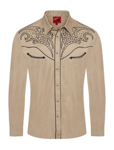 Label: RODEO CLOTHINGDescription: Men's long sleeve cotton/poly western shirts. FABRIC TYPE: Woven COLLAR STYLE: Regular Western Collar MATERIAL: 55% Cotton 45% Polyester STYLE: Regular fit western style embroidery WITH DIAMONDS OTHER FEATURE: POCKETS WITH PIPING SNAP BUTTONS SOLID FABRIC REGULAR FIT EMBROIDERY WITH DIAMONDS ON THE FRONT AND BACK YOKE PACKS: B, FSHIRTS SIZE PACK Western Dress Shirts, Cowboy Dress, Cowboy Embroidery, Aztec Shirt, Shirt With Embroidery, Print Shirts Women, Cowboy Costume, Rodeo Cowboy, Cowboys Shirt