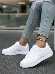 New Women Leather Non-Slip Sneakers, Casual Comfortable Trendy White Fashion Shoes With Soft Outsole White Sporty    Plain    Women Shoes, size features are:Bust: ,Length: ,Sleeve Length: Simple White Sneakers, Feminine Sneakers, Casual Confortable, Marine Outfit, Feminine Shoes, Ladies Tennis, Walking Shoes Women, Mode Casual, Casual Sneakers Women