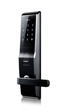 an electronic door lock is shown with the keypad open and there are icons above it