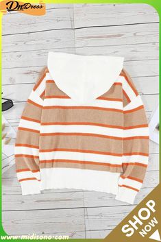 Orange Striped Colorblock Sweater Hoodie Casual Sweater With Contrast Color, White Casual Sweatshirt, White Sweatshirt With Contrast Color For Fall, White Casual Sweater With Contrast Color, Striped Hooded Sweatshirt For Winter, White Hoodie For College In Fall, Casual Contrast Color Fall Sweatshirt, White Color Block Hooded Hoodie, Trendy Long Sleeve Hoodie With Contrast Color