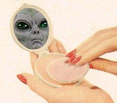 an alien holding a magnifying glass in it's right hand and looking into the mirror