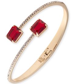 From Lauren Ralph Lauren&#x2C; this bracelet features: Cuff bracelet Gold-tone hardwareHinge closureApprox.  2.5" diameterImported. Ralph Lauren Bracelet, Rose Gold Bracelet For Women, Ruby Bracelet, Gold Bracelet For Women, Red Cherry, Gold Bracelet Cuff, Rose Gold Bracelet, Rhinestone Jewelry, Bracelet Gold