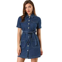 The dress features a point collar, a button-down design, and a belt for a casual chic look. Pair it with ankle boots or chunky sneakers for a casual look. This denim shirt dress is a good choice for fall or spring. A belt gathering around the waist brings a feminine touch. Add another cooler-season dress to your assortment with this style. It has short sleeves, a flattering tie waist, and plenty of practical pockets. Fastened with a full placket at the front, this piece can be paired well with p Spring Short Sleeve Belted Denim Dress, Spring Collared Belted Denim Dress, Casual Short Sleeve Belted Denim Dress, Casual Belted Short Sleeve Denim Dress, Casual Short Sleeve Denim Dress With Belt, Spring Workwear Denim Dress With Buttons, Spring Denim Dress With Buttons For Work, Spring Denim Dress For Work With Buttons, Trendy Button-up Denim Dress For Workwear