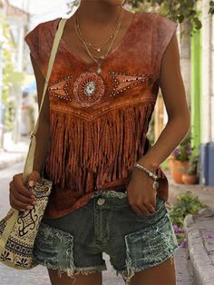 Women's Vintage Ethnic Print Tank Top Bohemian Printed Tank Top For Vacation, Brown Sleeveless Hippie Top, Brown Sleeveless Bohemian Top, Bohemian V-neck Tank Top For Festivals, Bohemian Sleeveless Tops For Fall, Brown Bohemian V-neck Top, Linen Suit Men, White Women Dresses, Western Tops