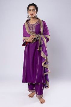 Purple kurta with zari thread, sequin embroidered placket. Paired with inner, floral embroidered pant and kiran fringe lace bordered dupatta. - Aza Fashions Festive Purple Palazzo Set With Zari Work, Festive Embroidered Purple Palazzo Set, Purple Embroidered Palazzo Set For Festive Occasions, Embroidered Purple Palazzo Set For Festive Occasions, Festive Purple Kurta With Gota Work, Purple Straight Kurta Sets With Gota Work, Purple Gota Work Straight Kurta Sets, Purple Raw Silk Traditional Wear With Gota Work, Purple Gota Work Traditional Wear In Raw Silk