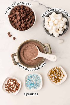 the ingredients for chocolate pudding in small bowls