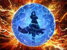 a woman standing in front of a blue ball with lightnings around her and an orange flame