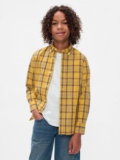 Soft cotton poplin shirt.  Button-down point collar.  Long sleeves.  Button front.  Patch pocket at chest.  Assorted allover prints.  Made with 100% organically grown cotton, which is grown without the use of synthetic pesticides and fertilizers.  Classic, easy fit.  Hits at the hip. Cotton Poplin Shirt, Yellow Plaid, Gap Kids, Pesticides, Shirt Button, Poplin Shirt, Cotton Poplin, Soft Knits, Patch Pocket