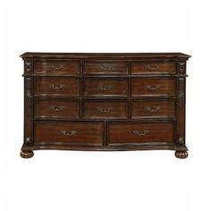 a large wooden dresser with many drawers and drawers on the bottom shelf, in dark brown wood