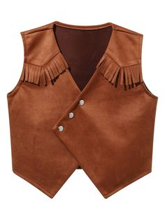 a brown leather vest with fringes and buttons on the front, in an open position