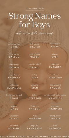 a poster with the names of baby names for boys in white and brown colors on it