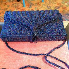 Never Used. Blue Embellished Evening Bag For Formal Occasions, Formal Blue Embellished Evening Bag, Blue Beaded Evening Bag, Evening Blue Beaded Bag, Blue Beaded Party Bag, Formal Blue Embellished Bags, Vintage Blue Evening Bag For Party, Blue Beaded Evening Bag For Party, Elegant Blue Beaded Bag