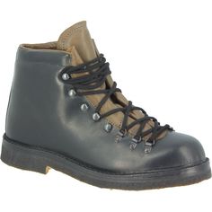 Unisex mountain boot made entirely by hand with full grain vegetable tanned leathers in Italy.  The color is black in contrast with the tongue and the internal lining which is smog color. The colors used can be customized by choosing from the available colors.  The sole is crepe: a natural rubber from a Brazilian plant. Black Leather Hiking Boots With Vibram Sole, Black Leather Sole Hiking Boots With Round Toe, Black Hiking Boots With Leather Sole And Round Toe, Black Hiking Boots With Leather Sole, Black Rugged Leather Hiking Boots, Black Leather Hiking Boots With Leather Footbed, Rugged Black Lace-up Boots With Leather Sole, Mens Shoes Boots, Natural Rubber