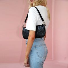 It’s been all about mini bag lately and Naomi takes it to another level. This minimalist shoulder bag is constructed from croc-effect vegan leather with coordinating silver-tone hardware, features an internal pocket and the main pocket with zipper closure. This shoulder bag is all you need to complete your 90's look. Six colors available Vegan Leather Zipper Closure Imported *29cm x 13cm Black Baguette Bag Outfit, Trendy Crocodile Pattern Baguette Bag For Everyday, Mini Shoulder Bag Outfit, Baguette Bag Outfit, Mini Bag Outfit, Jeans Blazer Outfit, Croc Bag, Shoulder Bag Outfit, Baguette Bags