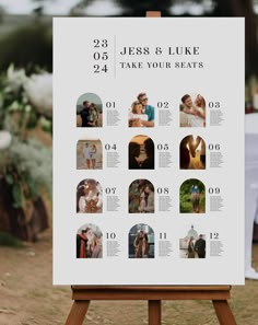 a wedding seating chart is displayed on a easel