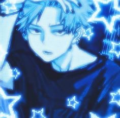 an anime character with blue hair and stars on his head, in front of the camera