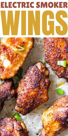 grilled chicken wings on parchment paper with text overlay