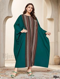 Bjux - Stylish Plus Size Kaftan Dress: Womens Colorblock Ditsy Floral Print Maxi Dress with Batwing Sleeves and Loose Fit Multicolor Printed Dress For Eid, Long Green Patchwork Dress, Green Long Patchwork Dress, Green Long Dress With Patchwork, Long Sleeve Patterned Dress For Eid, Traditional Green Patchwork Dresses, Plus Size Kaftan, Ditsy Floral Print, Stylish Plus