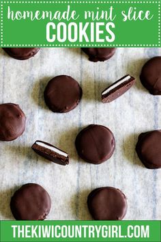 chocolate peppermint slice christmas cookies on a baking sheet with the title overlay