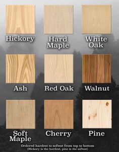 the different types of wood that are available in each color and size, including white oak, red oak, cherry, pine