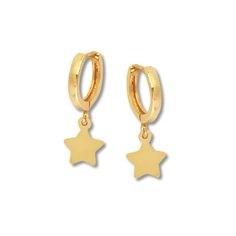 These adorable earrings for her feature dainty stars dangling from hoops. The 14K yellow gold earrings secure with hinged backs. Dainty Stars, Dainty Gold Earrings, Gold Diamond Earrings Studs, Gold Stock, Jewelry Advice, Yellow Gold Earrings, Kay Jewelers, Yellow Gold Earring, Accessories Jewelry Earrings