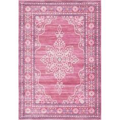 a pink rug with an ornate design on the front and back side, in various colors