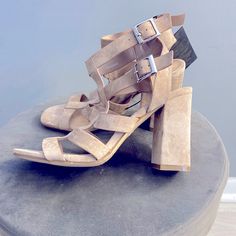 New Suede Taupe Strappy Heels Trendy Suede Heels For Spring, Spring Suede High Heel Block Heels, Spring Strappy Suede Heels, Strappy Suede Heels For Spring, Trendy Suede Heels With Buckle Closure, Suede Heels With Buckle Closure For Spring, Zebra Heels, Black Studded Heels, Blue By Betsey Johnson