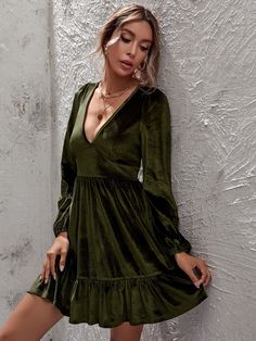 Description：DressBetty - Bubble Sleeve Velvet Dress Tiny Dresses, Sleeved Velvet Dress, Flounce Skirt, Legging Sport, Long Sleeve Casual Dress, Bubble Sleeve, Sleeves Clothing, Flare Mini Dress, Green Long Sleeve