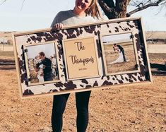 a woman holding up a photo frame with two photos on it and the words, the thanksgiving