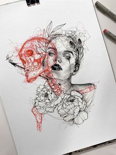 a drawing of a woman with flowers and a skull