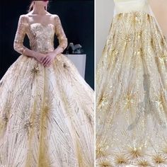 two dresses with gold sequins on them, one in white and the other in beige