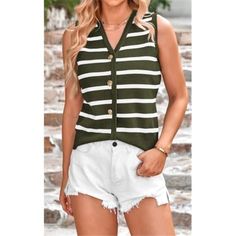 Size Guide : S=Us 4-6, M=Us 8-10, L=Us 12-14, Xl=Us 16-18. Design: Women's Sleeveless V-Neck Button Down Going Out Tops Feature A Stylish Striped Pattern That Adds A Touch Of Sophistication To Any Outfit. This Striking Design Is Achieved Through A Carefully Crafted Interplay Of Contrasting Colors And Tones, Creating A Visual Dynamic That Sets This Vest Apart From Others. Stylish Style: The V-Shaped Neckline Accentuates The Neckline, Making The Wearer Look Slimmer And Sleeveless. With A Sleeveles Green V-neck Sweater Vest For Summer, Casual Stretch Vest For Vacation, Casual Striped V-neck Sweater Vest, Sleeveless Stretch Sweater Vest For Day Out, Stretch Sleeveless Sweater Vest For Day Out, Casual Tank Sweater Vest For Vacation, Trendy Striped Sweater Vest For Spring, Stretch Green Sweater Vest For Summer, Casual Sleeveless Sweater Vest