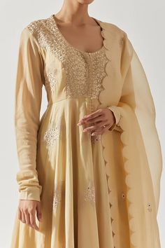 Beige cotton mal anarkali with floral resham embroidery, mirror highlights. Paired with a scallop trimmed pant and dupatta with scattered buttis. - Aza Fashions Churidar Sleeves, Embroidery Mirror, Resham Embroidery, Chanderi Suits, Pant Set For Women, Embroidery Floral, U Neck, Churidar, Pants Pattern