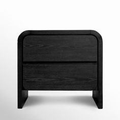 a black wooden nightstand with two drawers on one side and an open drawer on the other