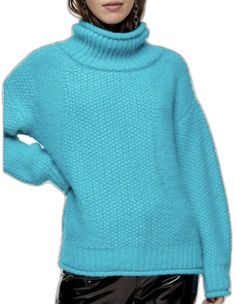 Trendy Light Blue Winter Sweater, Blue Funnel Neck Winter Sweater, Blue Funnel Neck Sweater For Winter, Blue Long Sleeve Turtleneck For Fall, Oversized Blue Turtleneck Sweater, Fitted Blue Turtleneck For Winter, Soft Knit Light Blue Winter Sweater, Light Blue Knitted Sweater For Fall, Casual Blue High Neck Sweater