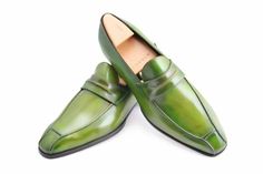 Unique Green Leather Moccasin Loafers Dress Formal Shoes on Storenvy Green Leather Sole Dress Shoes For Office, Elegant Green Loafers For Business, Business Green Pointed Toe Dress Shoes, Green Pointed Toe Dress Shoes, Green Office Dress Shoes With Rubber Sole, Office Green Dress Shoes With Rubber Sole, Green Slip-on Moccasins For Business, Green Dress Shoes With Rubber Sole For Office, Green Pointed Toe Dress Shoes With Leather Sole