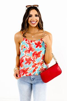 Stay flirty all summer long in our beautiful light turquoise hued 'Driving Down Sunset' shift tank featuring lightweight material a patterned with a pretty coral hued floral print, a scooped neckline with spaghetti straps, and a relaxed silhouette that falls into a straight hemline! Measurements S : Bust 34", Hip 34", Length 22.5", Waist 34". M : Bust 36", Hip 36", Length 23", Waist 36". L : Bust 38", Hip 38", Length 23.5", Waist 38". Summer Beach Camisole In Red, Red Summer Camisole For Beach, Spring Vacation Tank Top With Spaghetti Straps, Red Summer Camisole For The Beach, Red Cami Tank Top For Summer, Red Camisole Tank Top For Summer, Red Spaghetti Straps Tank Top For Summer, Beach Floral Print Tank Top, Red Summer Beach Camisole