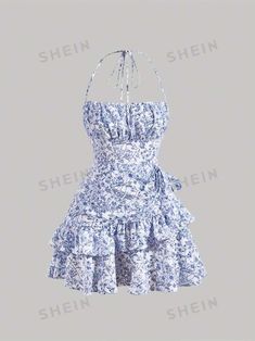 Free Returns ✓ Free Shipping✓. SHEIN MOD Floral Print Ruffle Trim Tie Backless Ruched Bust Layered Halter Summer Short Dress- Women Mini Dresses at SHEIN. Short Sundress, Blue Flower Dress, Look Con Short, Cute Dress Outfits, Casual Outfit Inspiration, Looks Party, Short Summer Dresses, Mini Cami Dress, Cute Summer Dresses