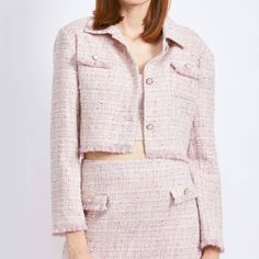 Brand New With Tag, Never Worn Size M Spring Long Sleeve Tweed Dress, Pink Tweed Jacket For Office, Pink Tweed Jacket For Spring Office Wear, Pink Tweed Office Jacket, Pink Casual Tweed Jacket, Pink Tweed Jacket With Pockets, Pink Tweed Dress For Fall Workwear, Pink Tweed Workwear Dress For Fall, Fall Tweed Dress With Pockets