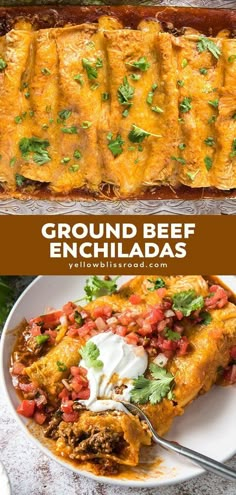 ground beef enchiladas in a casserole dish with sour cream on top