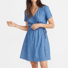 Nwt - This Easy, Flattering Denim Wrap Dress Has Weekend Written Allllll Over It. We Love The Slightly Puffed Tulip Sleeves. Waisted. Falls 36" From High Point Of Shoulder. Cotton/Tencel. Machine Wash Denim Wrap Dress, Small Boutiques, Tulip Sleeve, Madewell Dresses, Madewell Denim, High Point, Over It, Chambray, Madewell