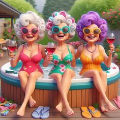 three women sitting in a hot tub with wine glasses on their heads and one holding a glass of wine