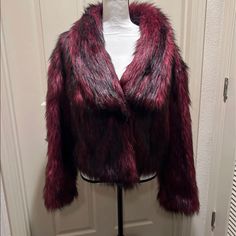 Red Magenta And Black Faux Fur Jacket Has Two Black Buttons In Great Condition, Never Worn. Size Small Red Fur Coat, Black Faux Fur Jacket, Red Fur, Black Faux Fur, Faux Fur Jacket, Black Button, Fur Jacket, Fur Coat, Faux Fur