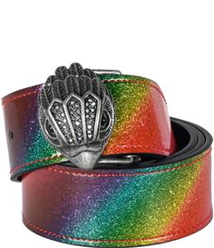 From Kurt Geiger London&#x2C; this belt features:Reversible leather beltEagle motif bucklePush-stud fasteningApprox. 1.5" WS: approx. 31" LM: approx. 34" LL: approx. 37" LXL: approx. 40" LSpot cleanImported. Metallic Rainbow, Hip Belt, Casual Belt, Kurt Geiger, Dillard's, Leather Belt, Fashion Statement, Accessories Design, Product Launch