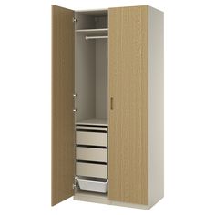 an open closet with two drawers and one door