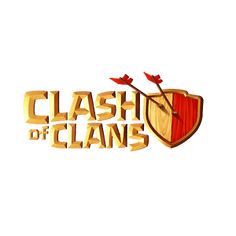 the logo for clash of clans is shown in gold letters with an arrow and shield